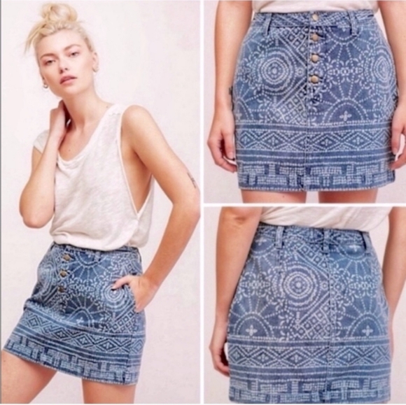 FREE PEOPLE School Daze Aztez Tribal Print Denim Skirt Size 8 - Picture 3 of 16